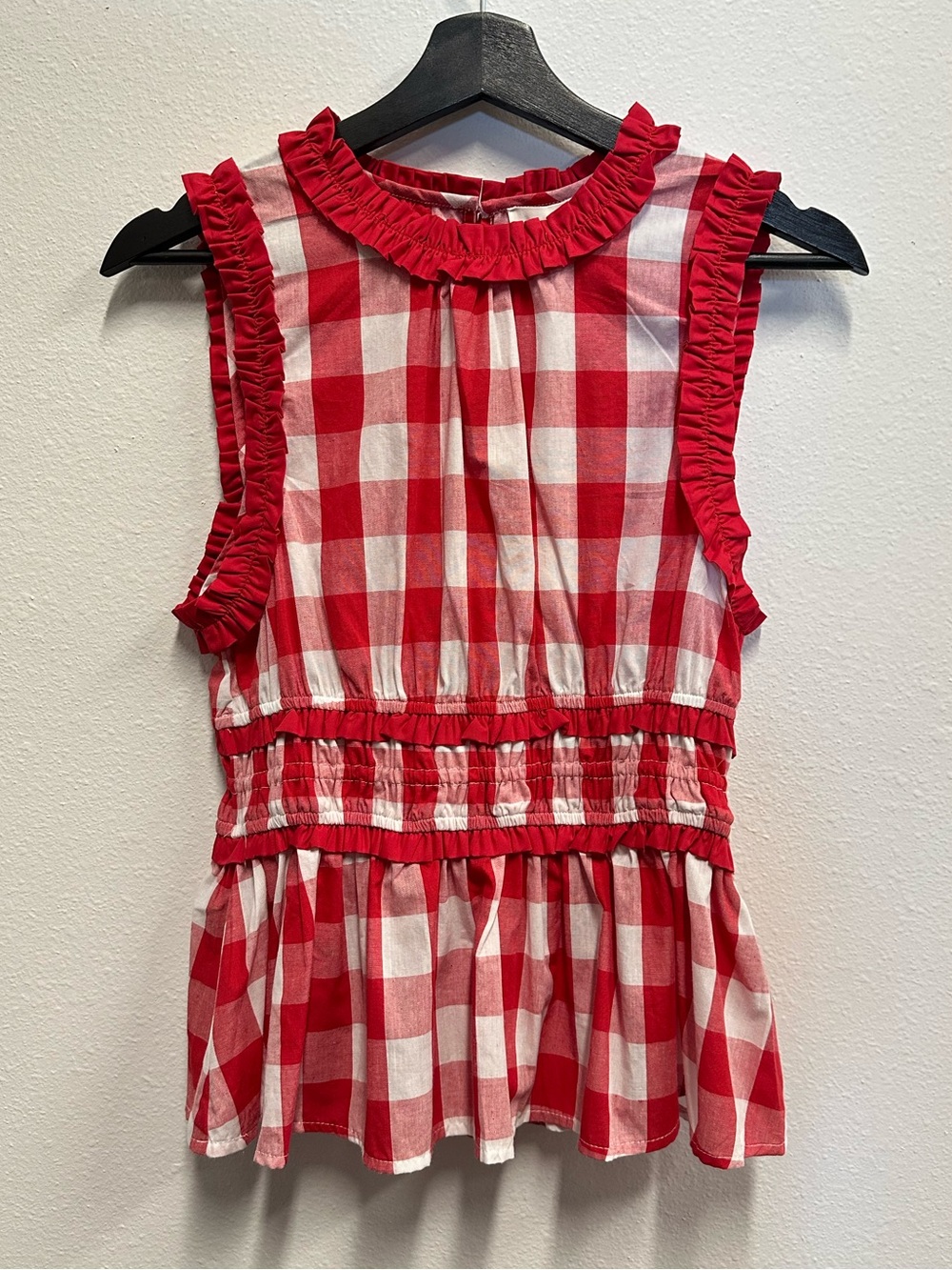 ENTRO Red and White Gingham Ruffle Sleeveless Blouse